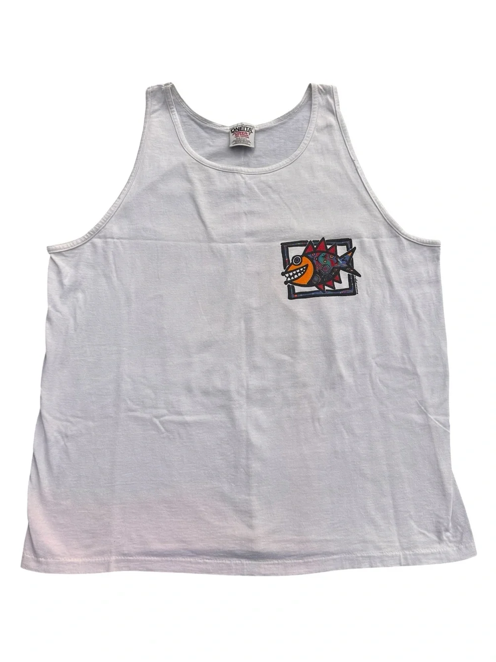 VTG 90s Oneita Maui HAWAII Fish Harlow Design 94 Beach White Tank Top Mens L USA - Picture 2 of 8